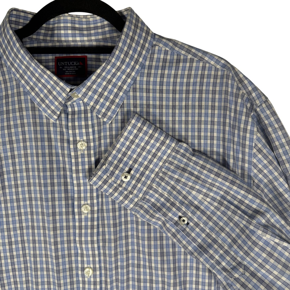 UNTUCKit Button Down Shirt Mens XXL Regular Blue White Gingham Wrinkle Free L/S